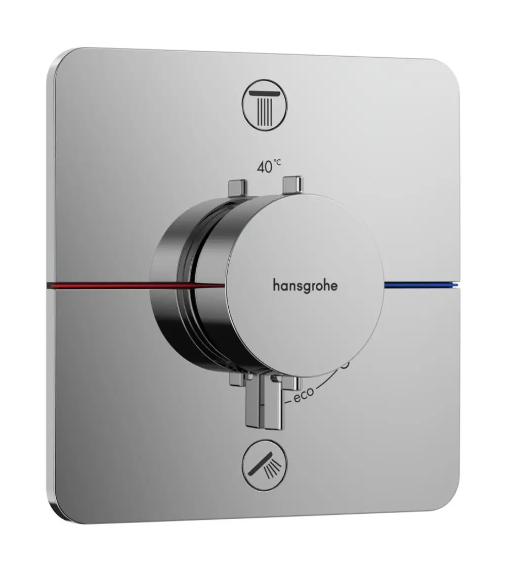 Thermostat von Hansgrohe mit einer runden Steuerung in Chrom. Enthält Temperatureinstellung bis 40 °C und Funktionen für zwei Verbraucher.